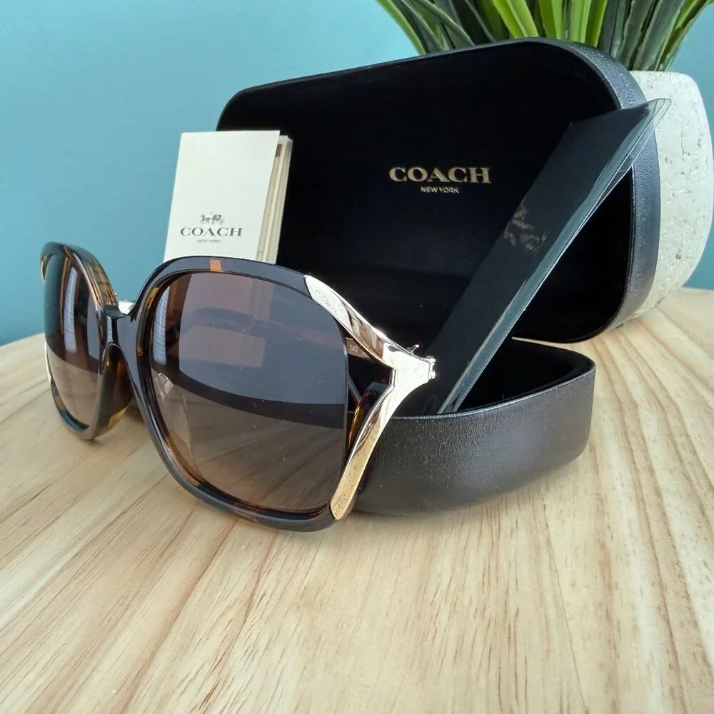 Coach Tortoise Sunglasses HC8280U L1116 XL Gold Cut Out Rims With Case & Papers - Picture 5 of 16